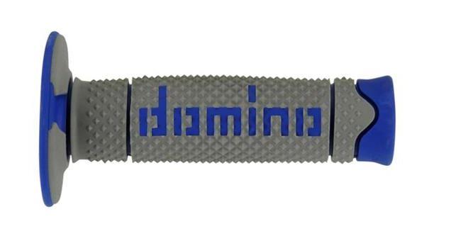Manopole Domino in doppia gomma soft hand per motocross, supermotard e enduro. Grigio/Blu 