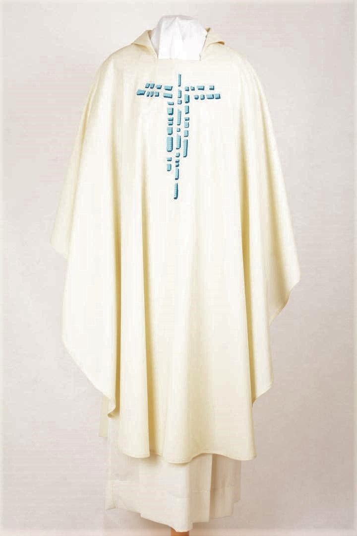 Casula Concelebrazione CE115T Bianca - Croce Celeste - Pura Lana