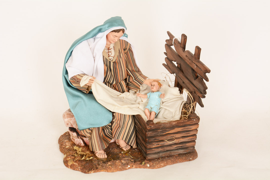 Statua Madonna seduta con Bimbo Resina e Tessuto 23 cm