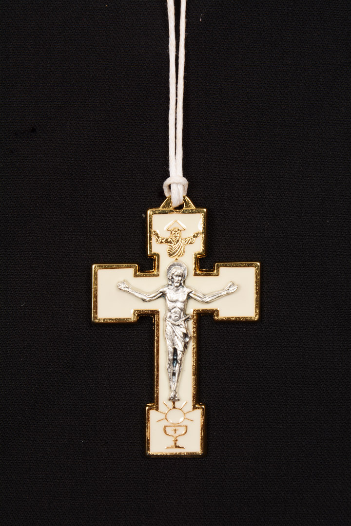 Croce metallo con laccetto bianco 