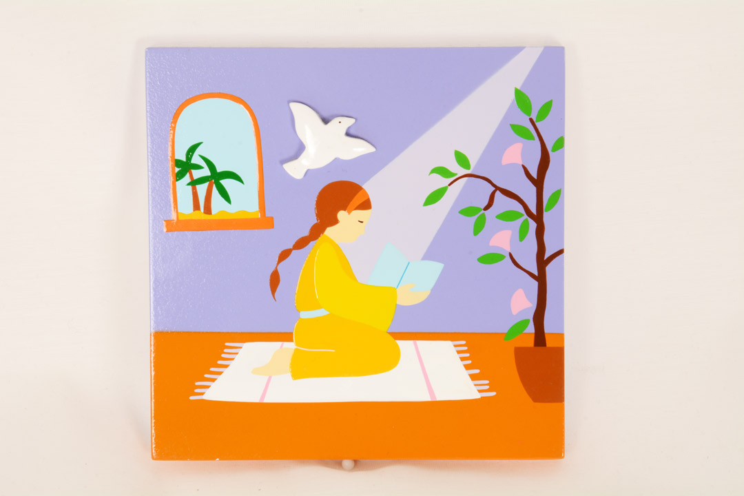 Quadretto in Legno Colorato Bimba e Spirito Santo 13x13 cm