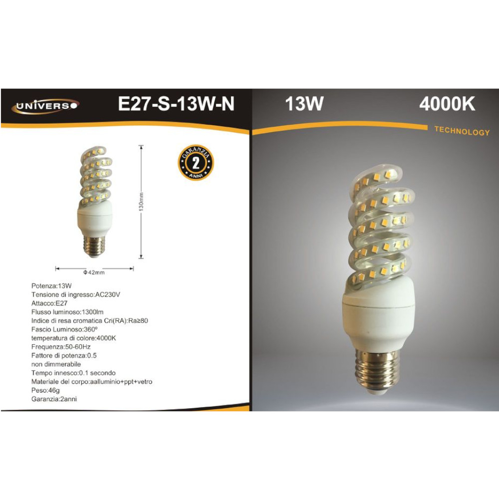 Lampadina Led E27 a Spirale 13W Colore Bianco Naturale, Freddo E27-S-13W  Brichouse Caiazzo