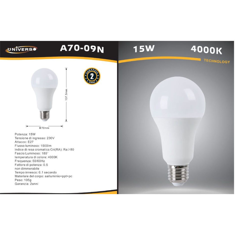 Lampadina Led A70 15w attacco E27 bulbo globo luce naturale calda fredda