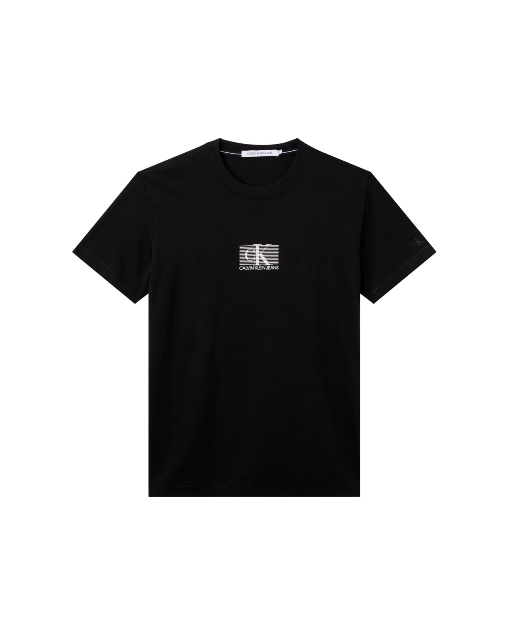 "T-shirt nera mezza manica in cotone stretch con monogramma CK e righe sul petto"