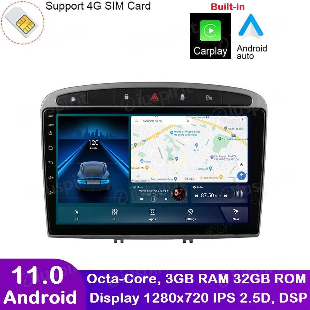 Autoradio Android 9 Pouces Pour Peugeot 308 Et 408 (2007-2015) - 2 Go + 64 Go, CarPlay Et Android Auto Sans Fil, GPS, WiFi, Bluetooth, Caméra De Recul