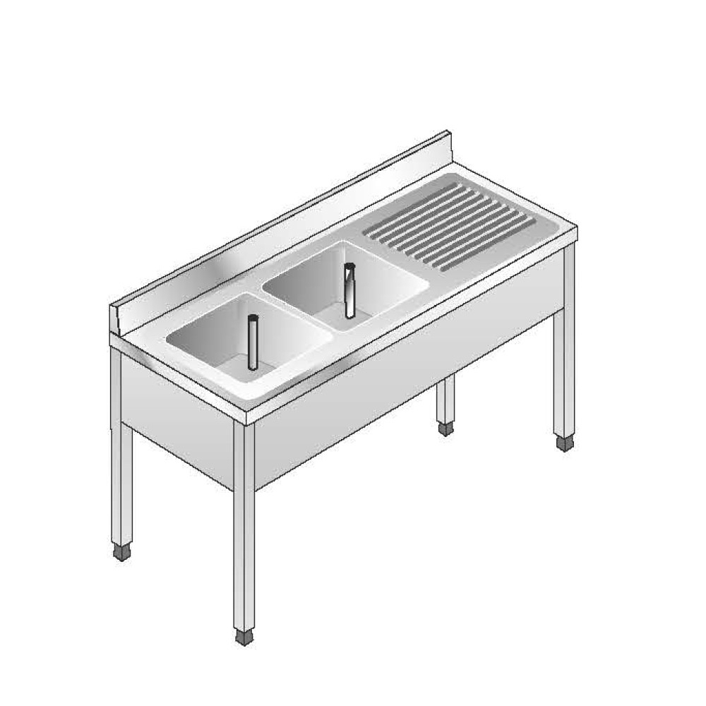 Lavello Acciaio Inox AISI 304 - 2 Vasche DX - Sgocciolatoio SX - Dim. 160x60x85 cm - con Alzatina