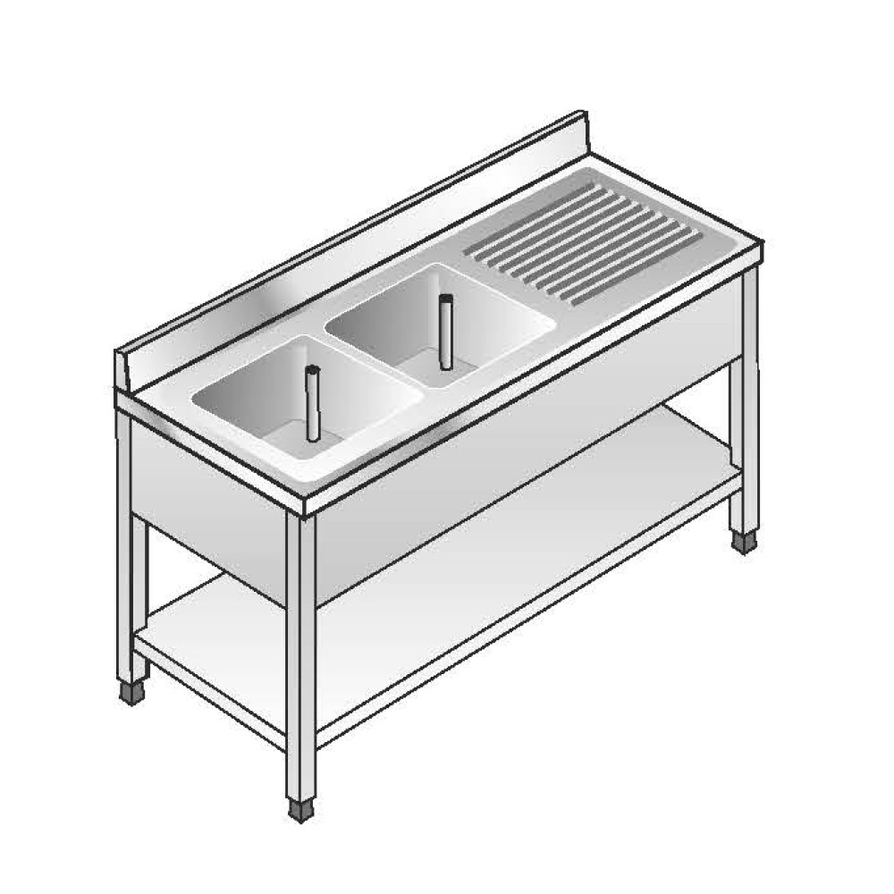 Lavello Acciaio Inox AISI 304 - 2 Vasche DX - Sgocciolatoio SX - Dim. 160x70x85 cm - con Alzatina