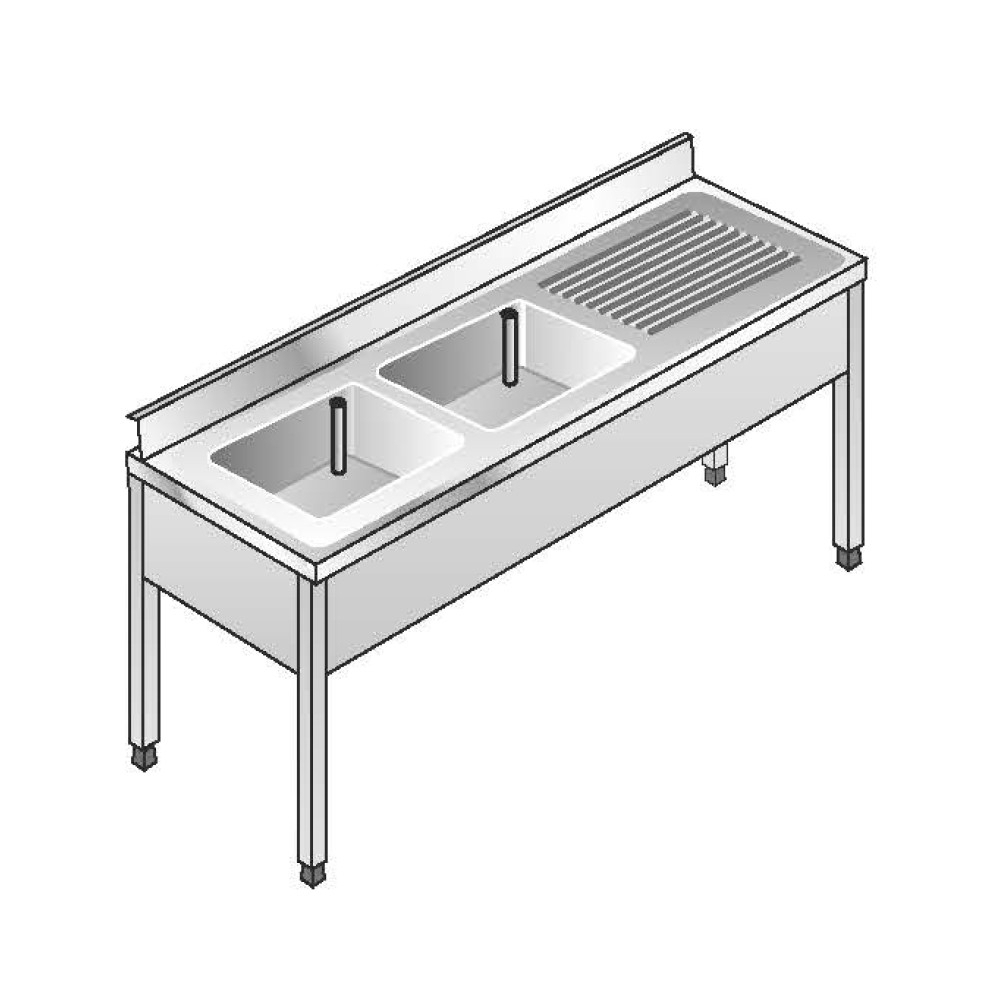 Lavello Acciaio Inox AISI 304 - 2 Vasche DX - Sgocciolatoio SX - Dim. 180x70x85 cm - con Alzatina - senza Ripiano