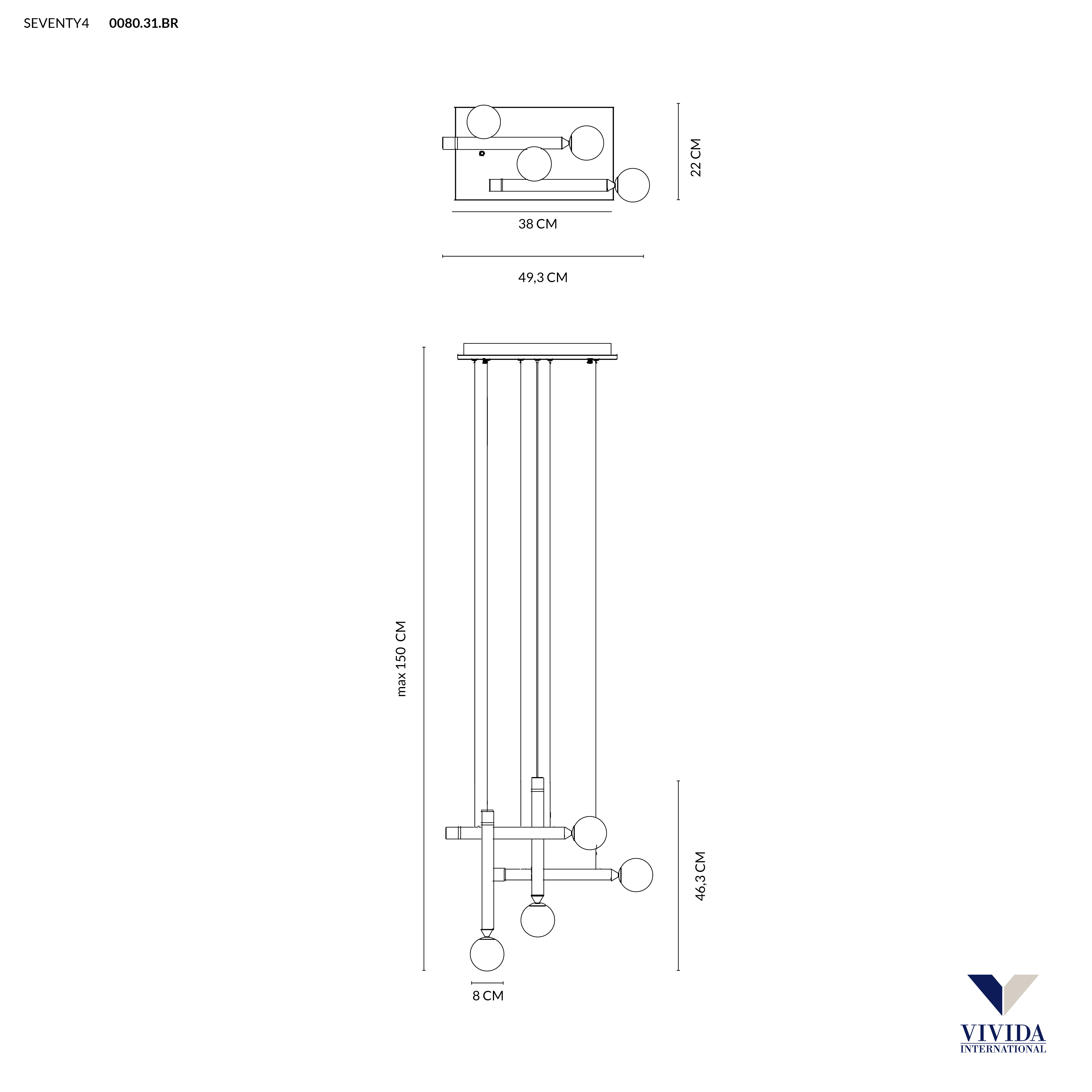 SEVENTY SOSPENSIONE 4 LUCI MARRONE OSSIDATO 4x2W+4x4W 3000K