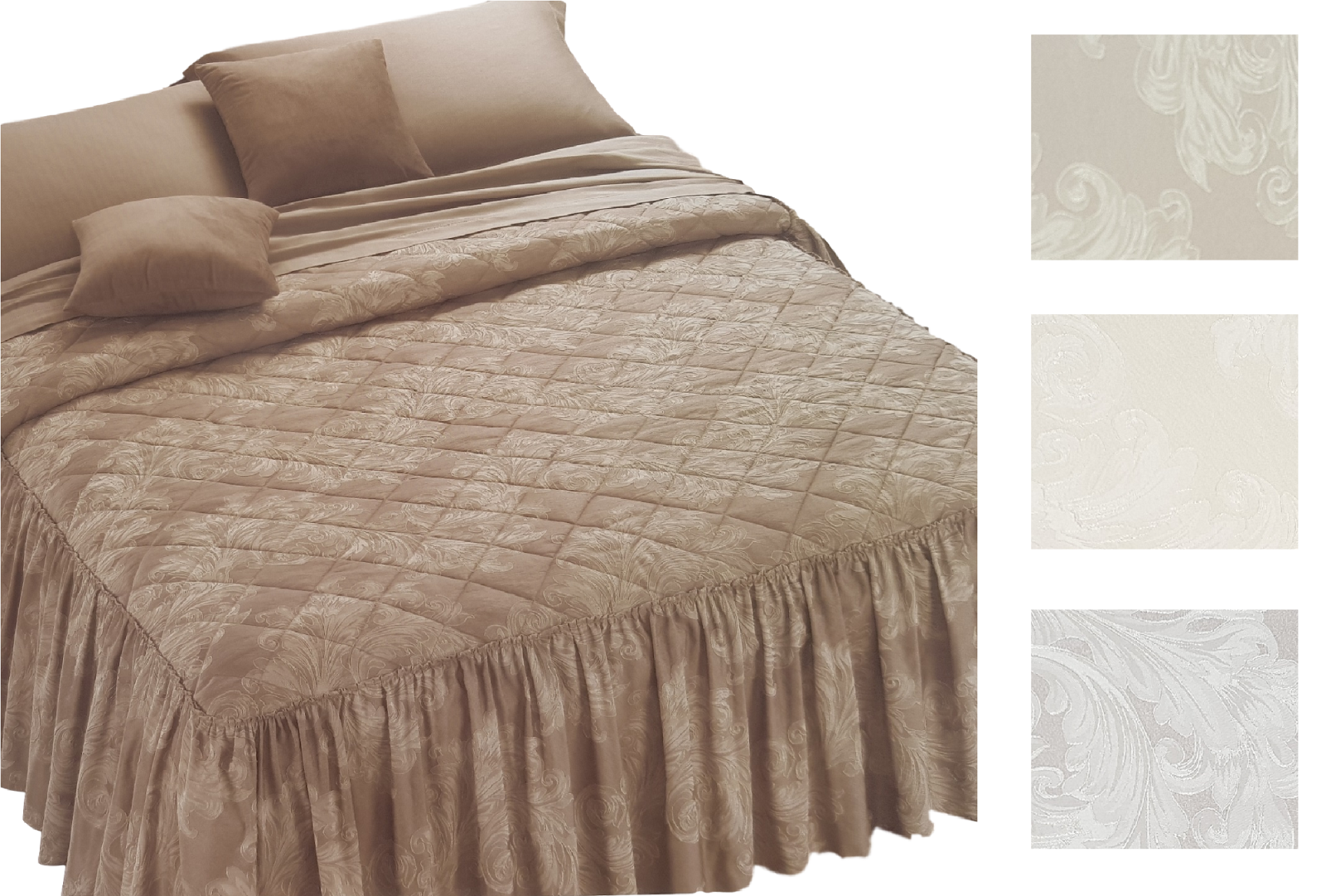 Copriletto Trapuntato Matrimoniale Giada Con Volant - In Raso Jacquard, Colore Tortora - 4