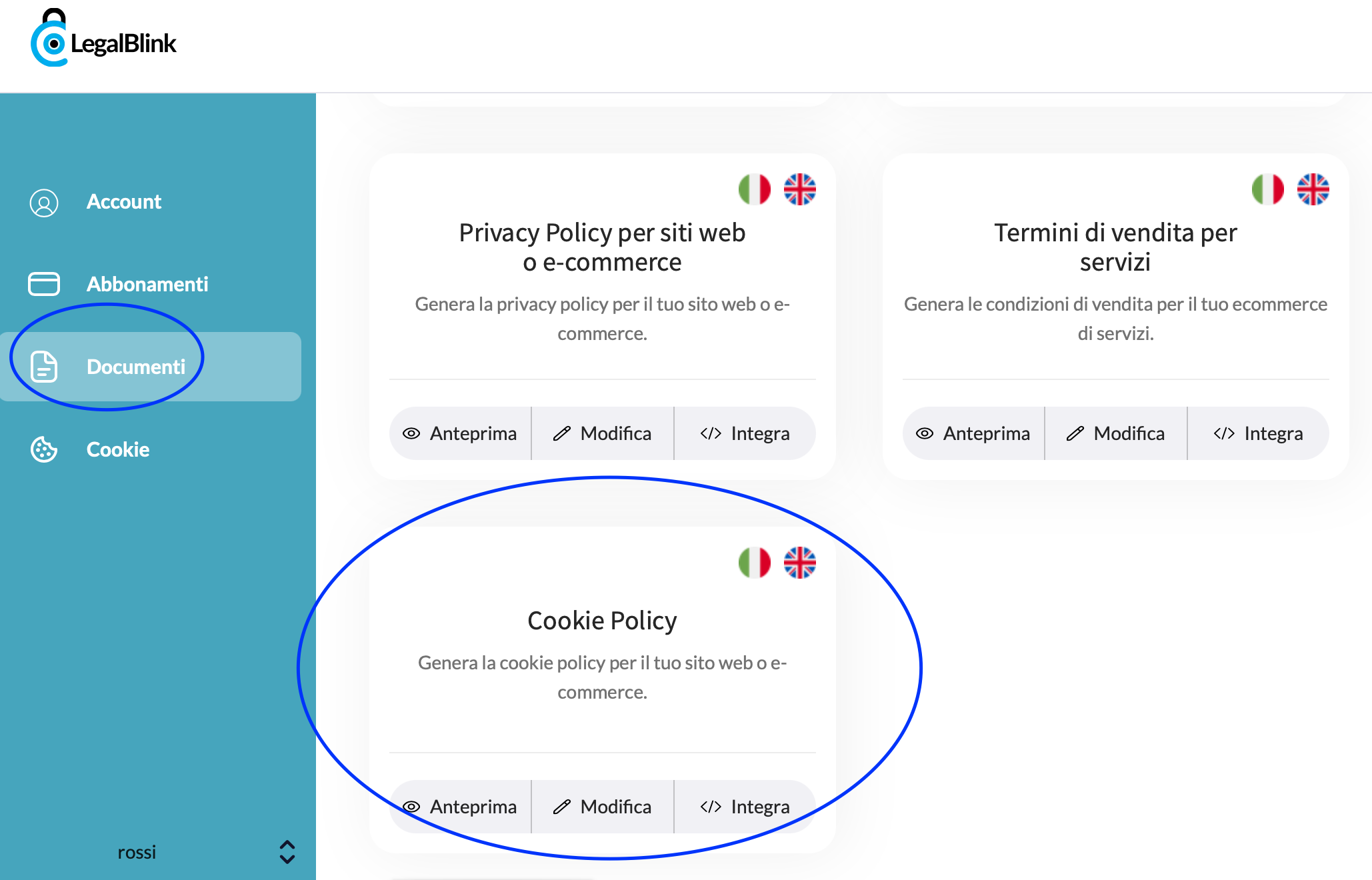 clicca su genera la cookie policy