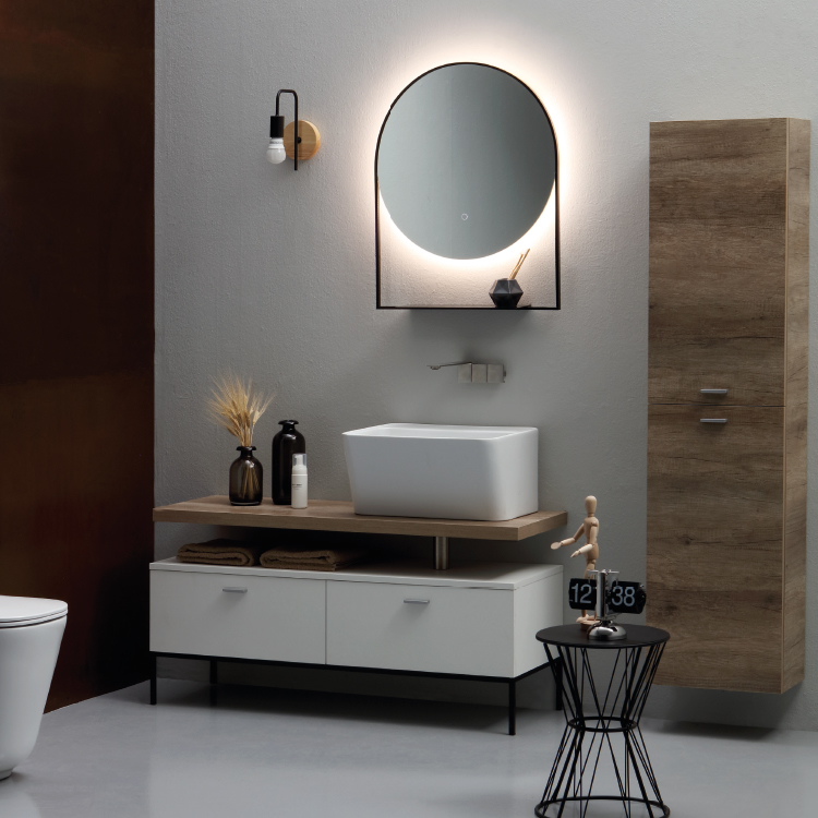 Mobile Bagno Sospeso Moderno 100 Cm Rovere Tabacco Con Lavabo Ceramica Specchio Retroilluminato E Colonna Mod Berlino - Foto 4