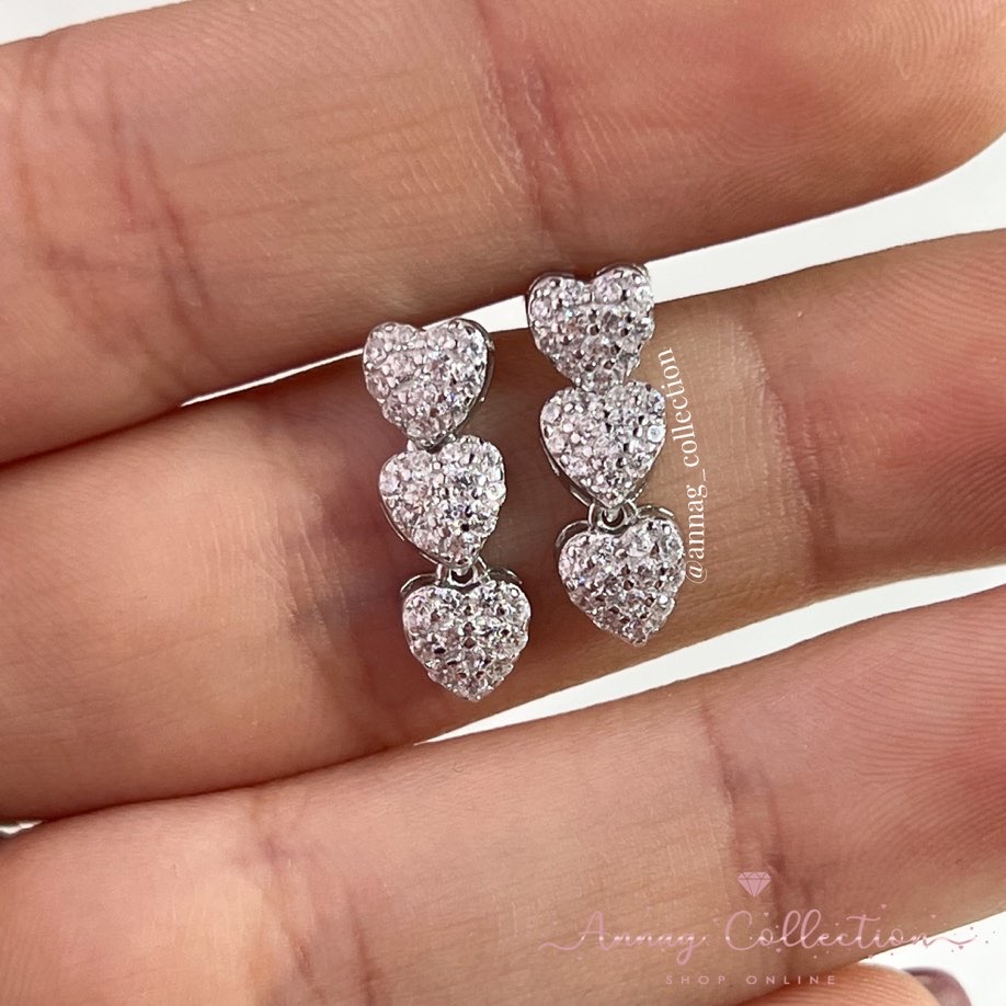 Set 3 Paia Orecchini Donna In Argento Con Ciondolo Cuore E Catena Lunga - Gioielli Moda
