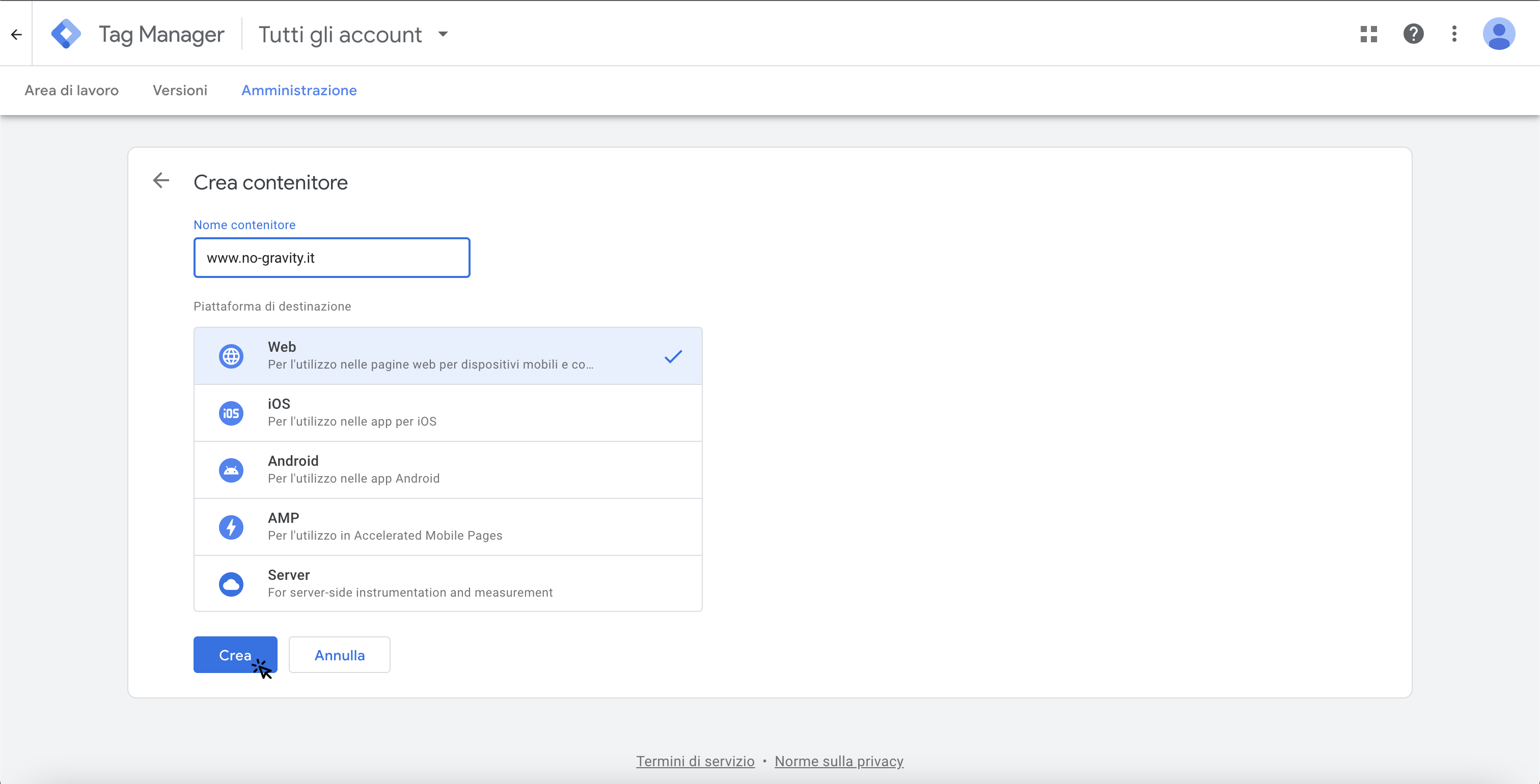 crea contenitore in google tag manager