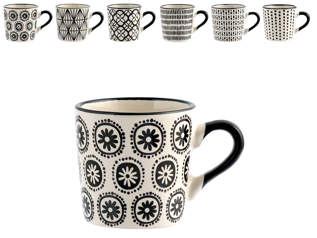 H&H Vhera Set 6 Tazzine Caffè con Piattino, Stoneware, Bianco/Nero, 90 –