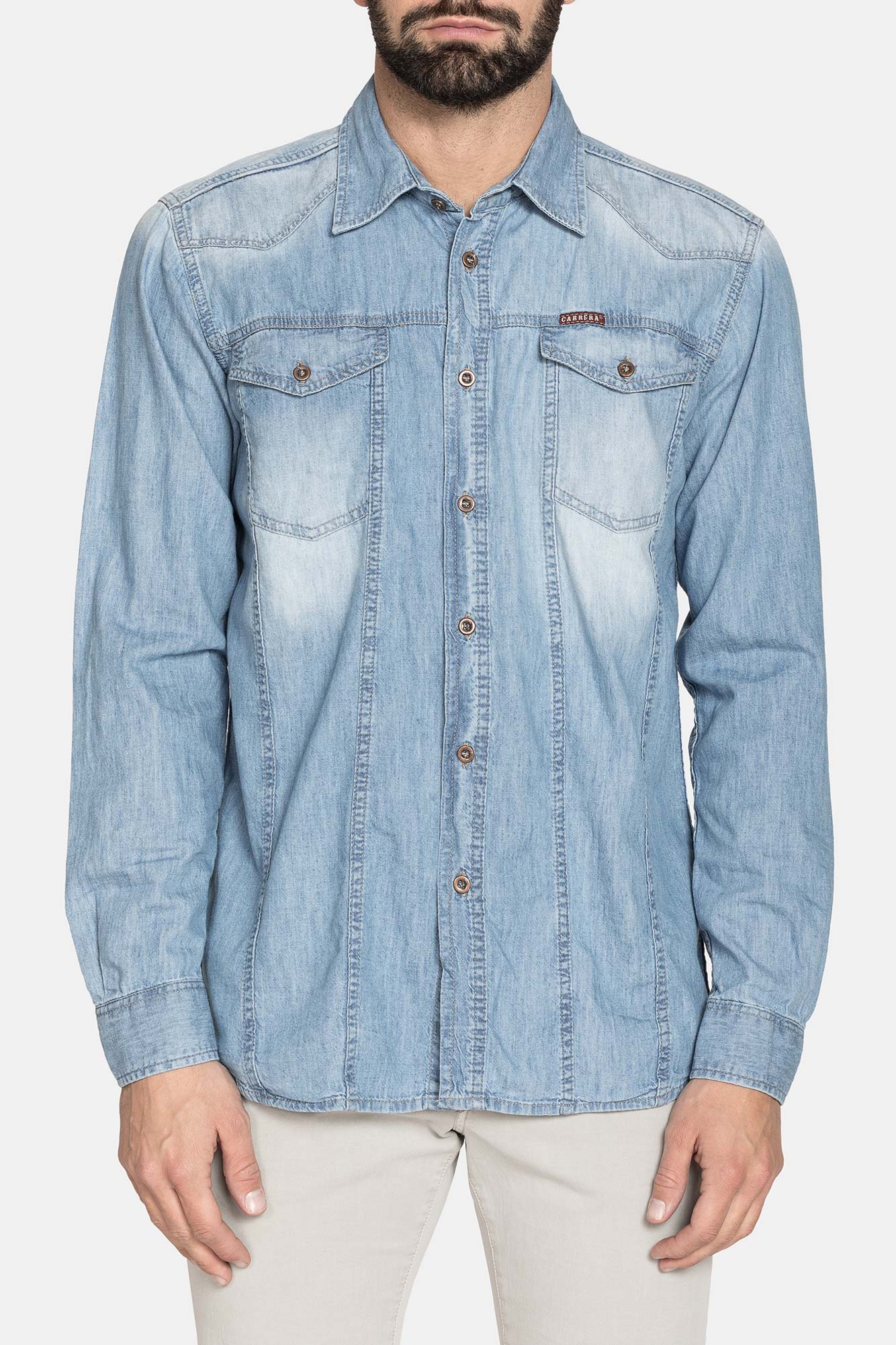 Camicia in jeans leggero a manica lunga con bottoni lavaggio blu