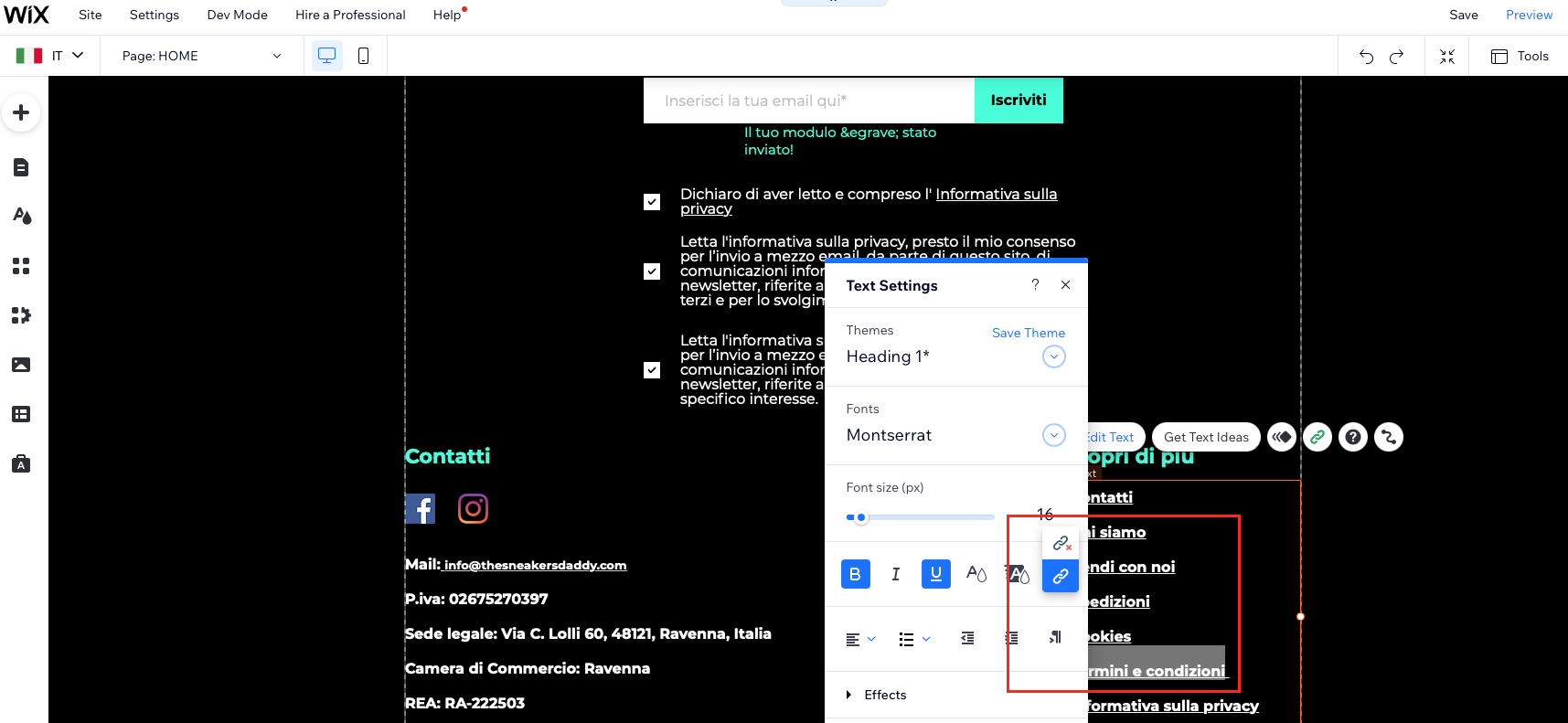 come inserire termini e condizioni di vendita Wix