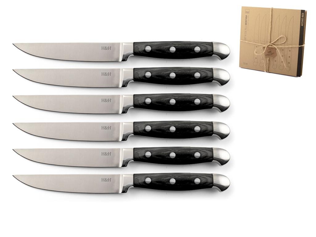 H&H Set 6 Coltelli Montana Con Lama Inox E Manico Legno Naturale