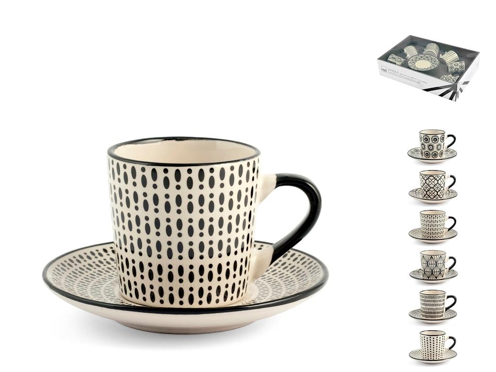 H&H Vhera Set 6 Tazzine Caffè con Piattino, Stoneware, Bianco/Nero, 90 –