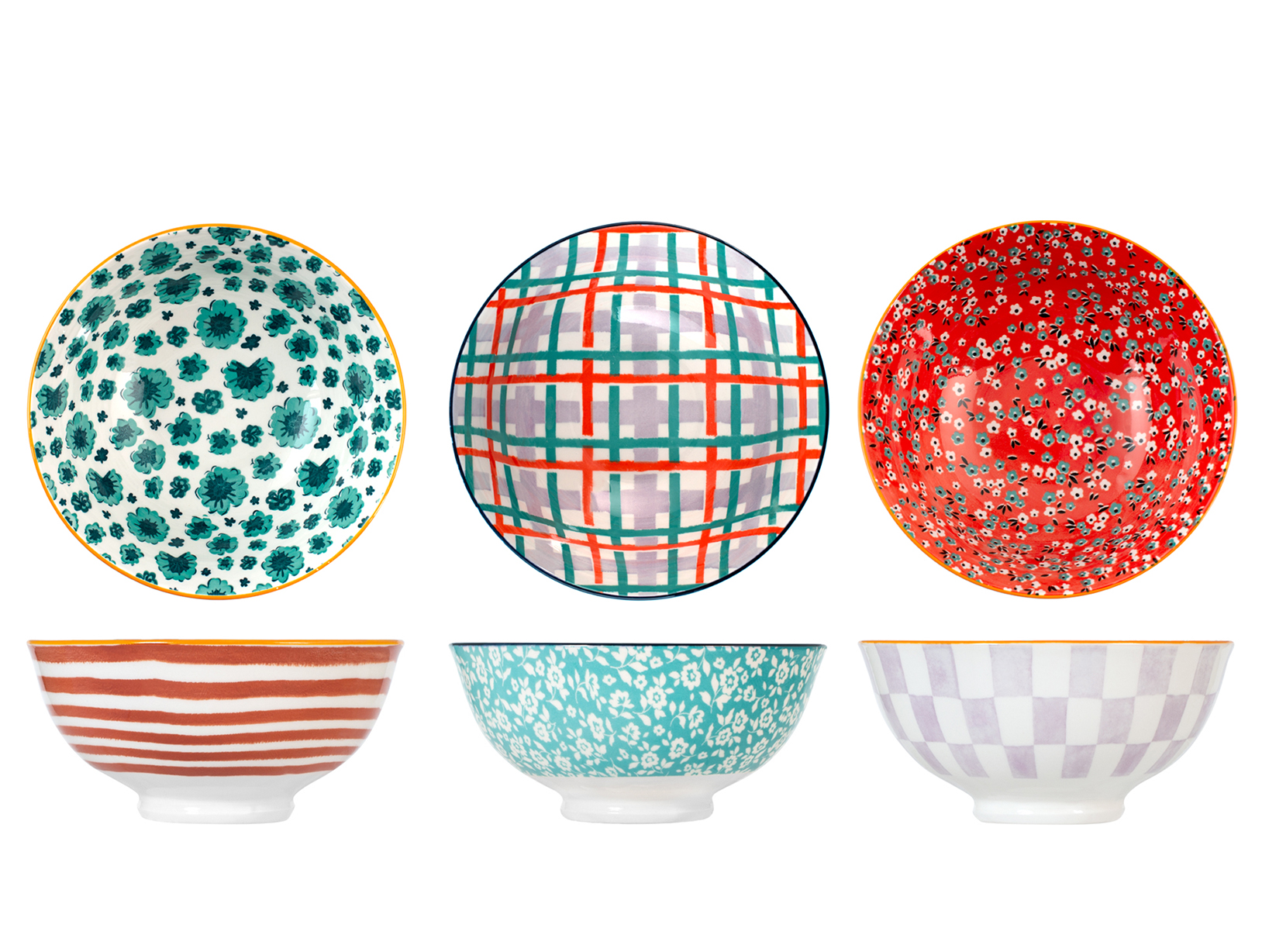 H&H Mix&Match Set 3 Ciotole In Porcellana Tonde 21cm - Colori Estivi, Allegre E Decoratives