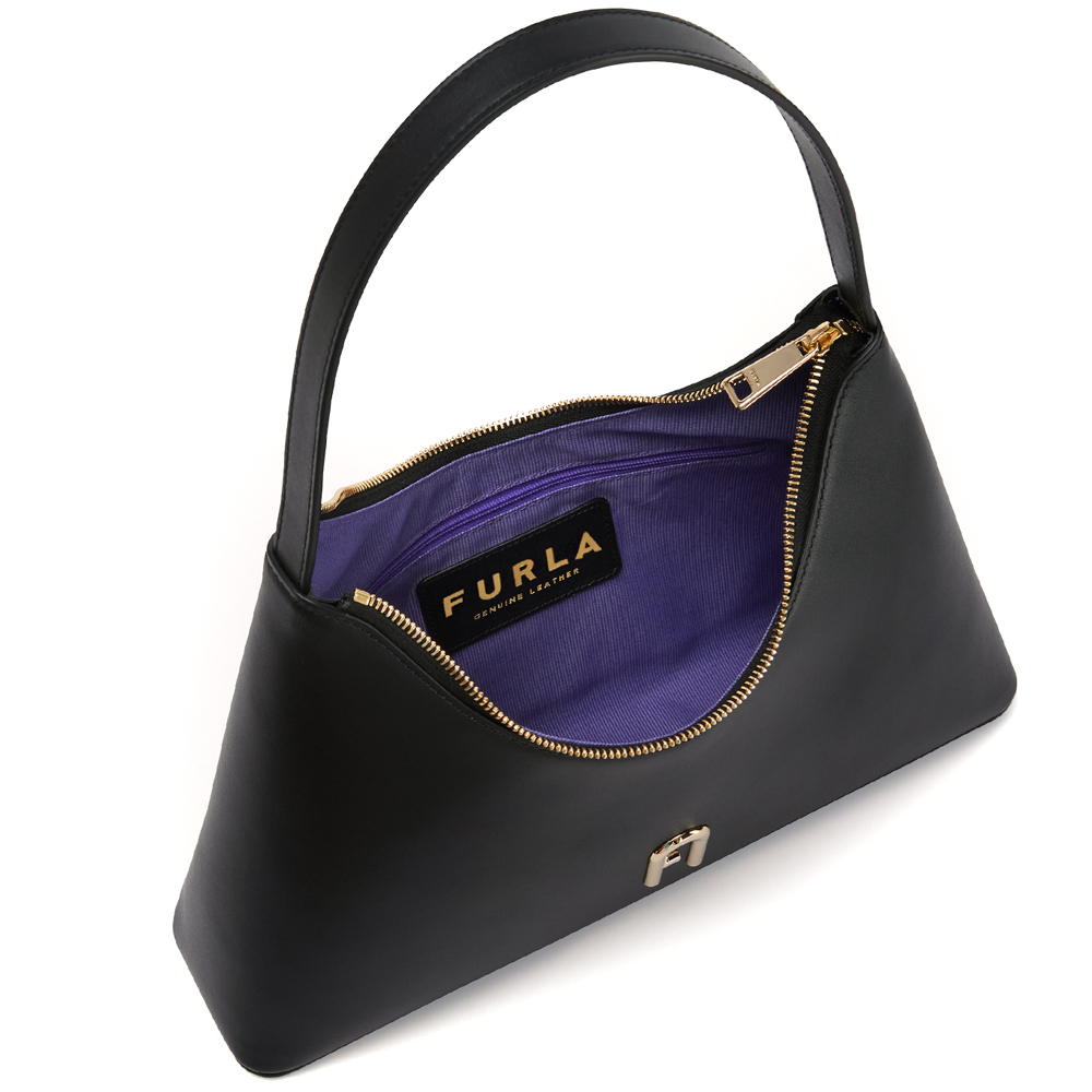 Borsa A Spalla Furla Moonstone - Pelle Di Vitello Nero, Forma A Sella, Tracolla Regolabile, Hardware Elegante