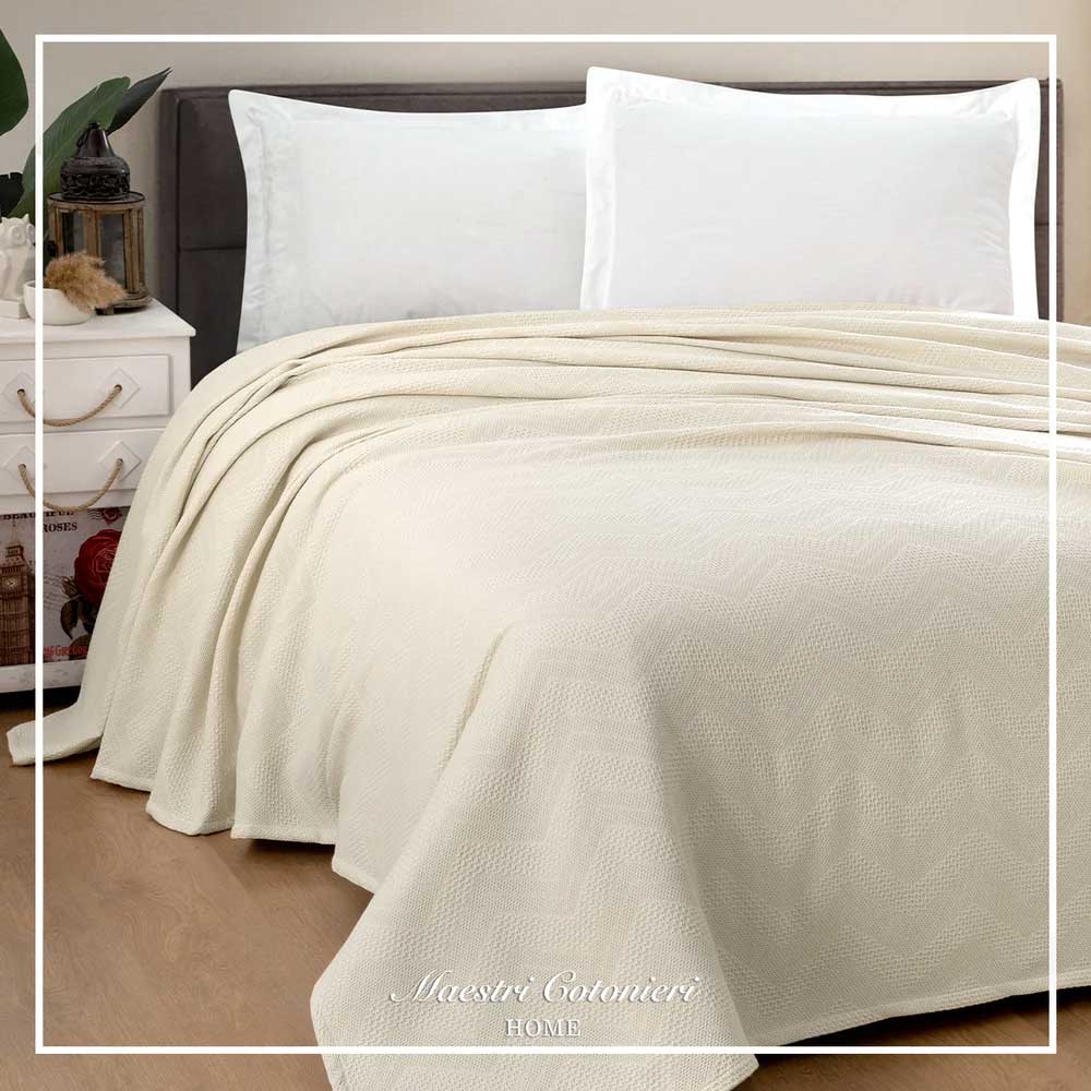 Maestri Cotonieri Copriletto Zig-Zag Letto Matrimoniale Colore Avorio
