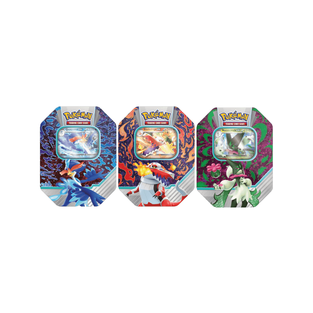 Tris di Tin da Collezione Partner di Paldea: Quaquaval ex, Skeledirge ex e Meowscarada ex (ITA)