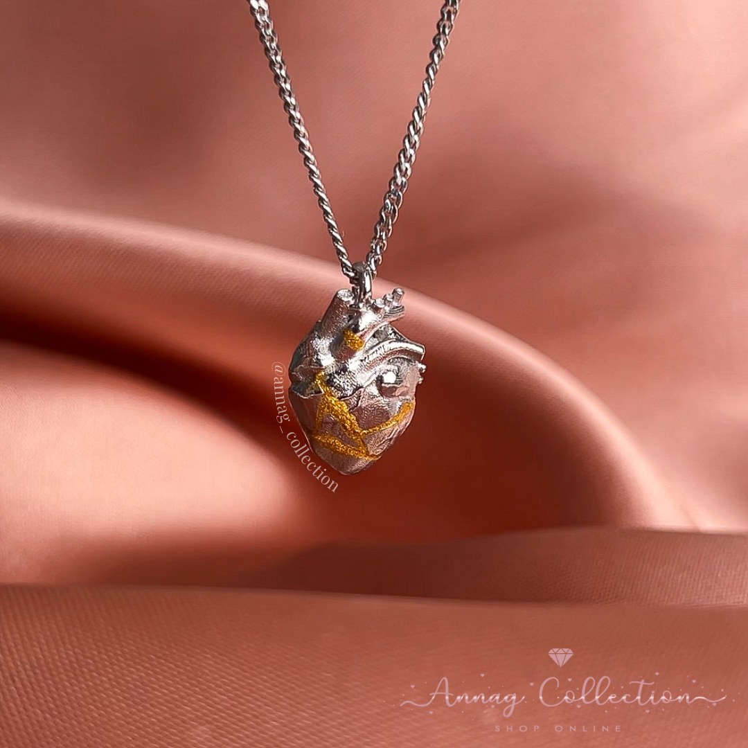 Collana Cuore Anatomico In Argento 925 Rodiato - Portafortuna Made In Italy - Donna E Uomo - Lunghezza 45cm