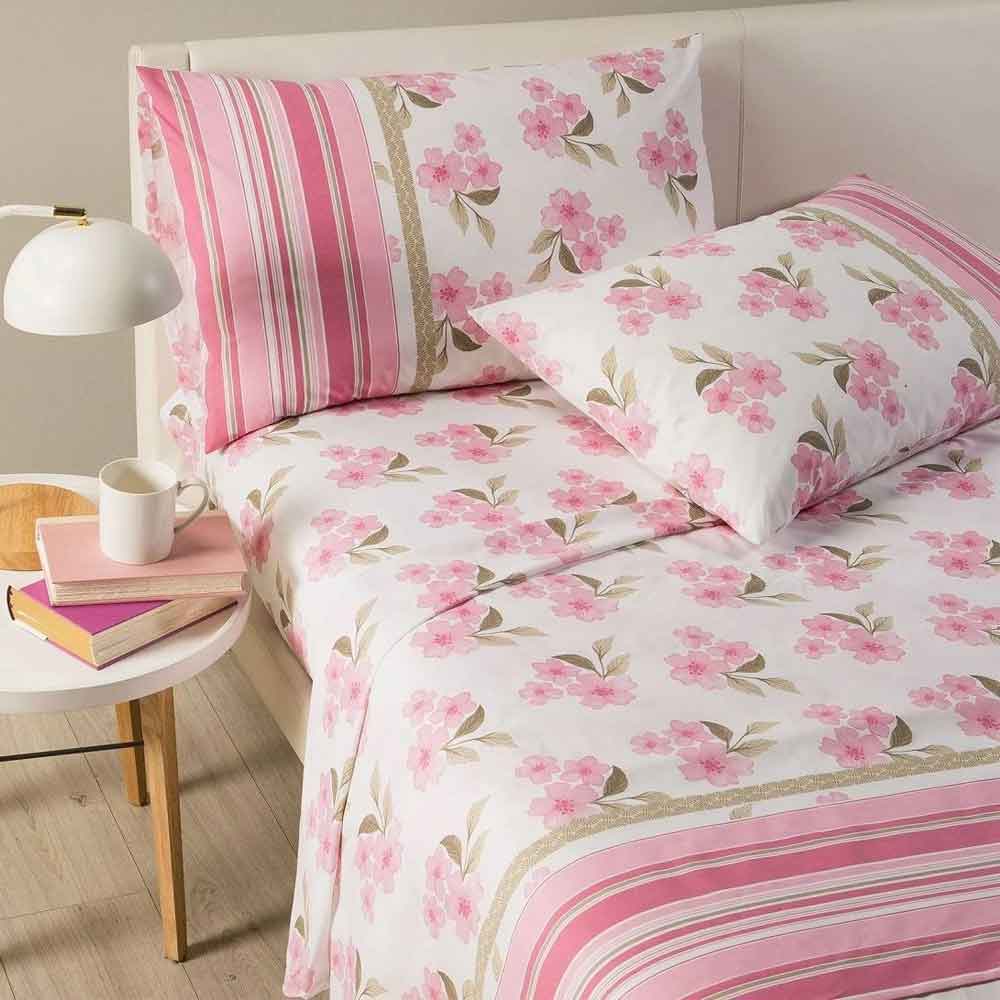 Caleffi Completo Lenzuola Letto Matrimoniale Fior Di Pesco Viva In Puro Cotone Rosa