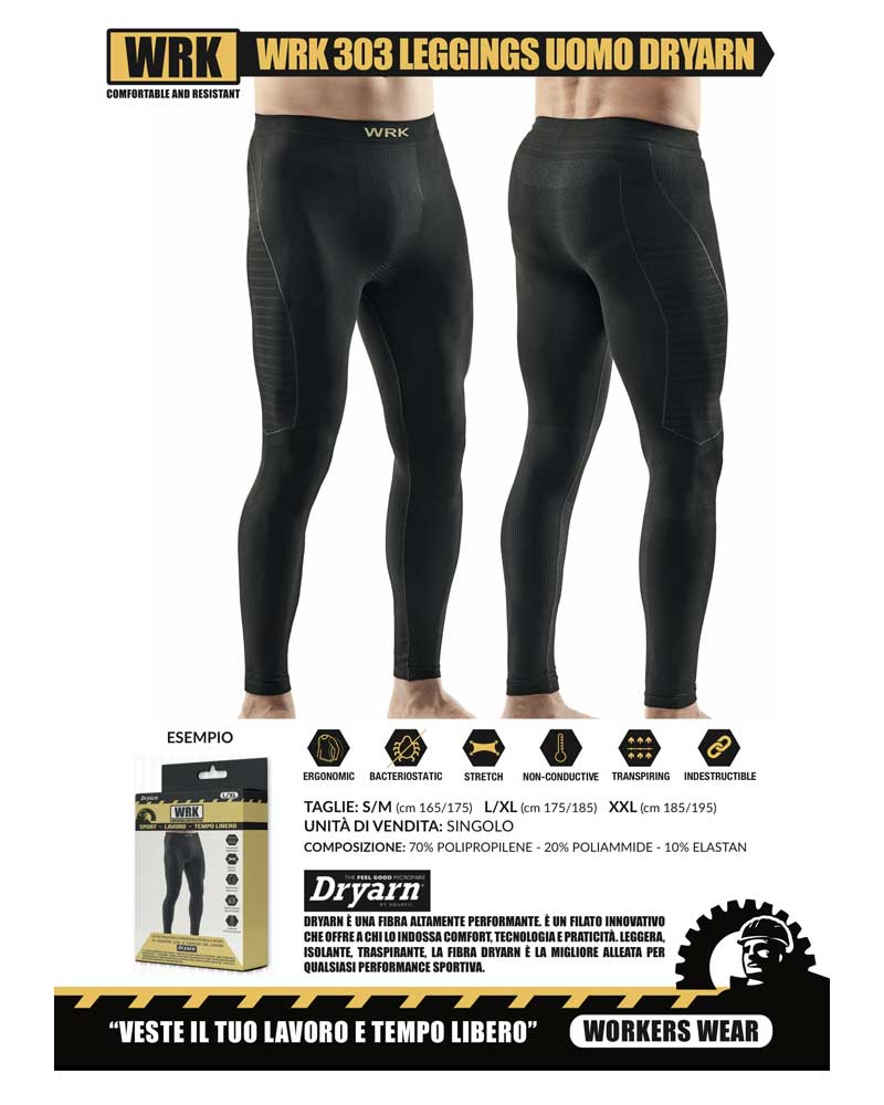 Calzamaglia uomo o leggings termico isolante e traspirante batteriostatico  lavoro sci e sport invernali Dryarn WRK303