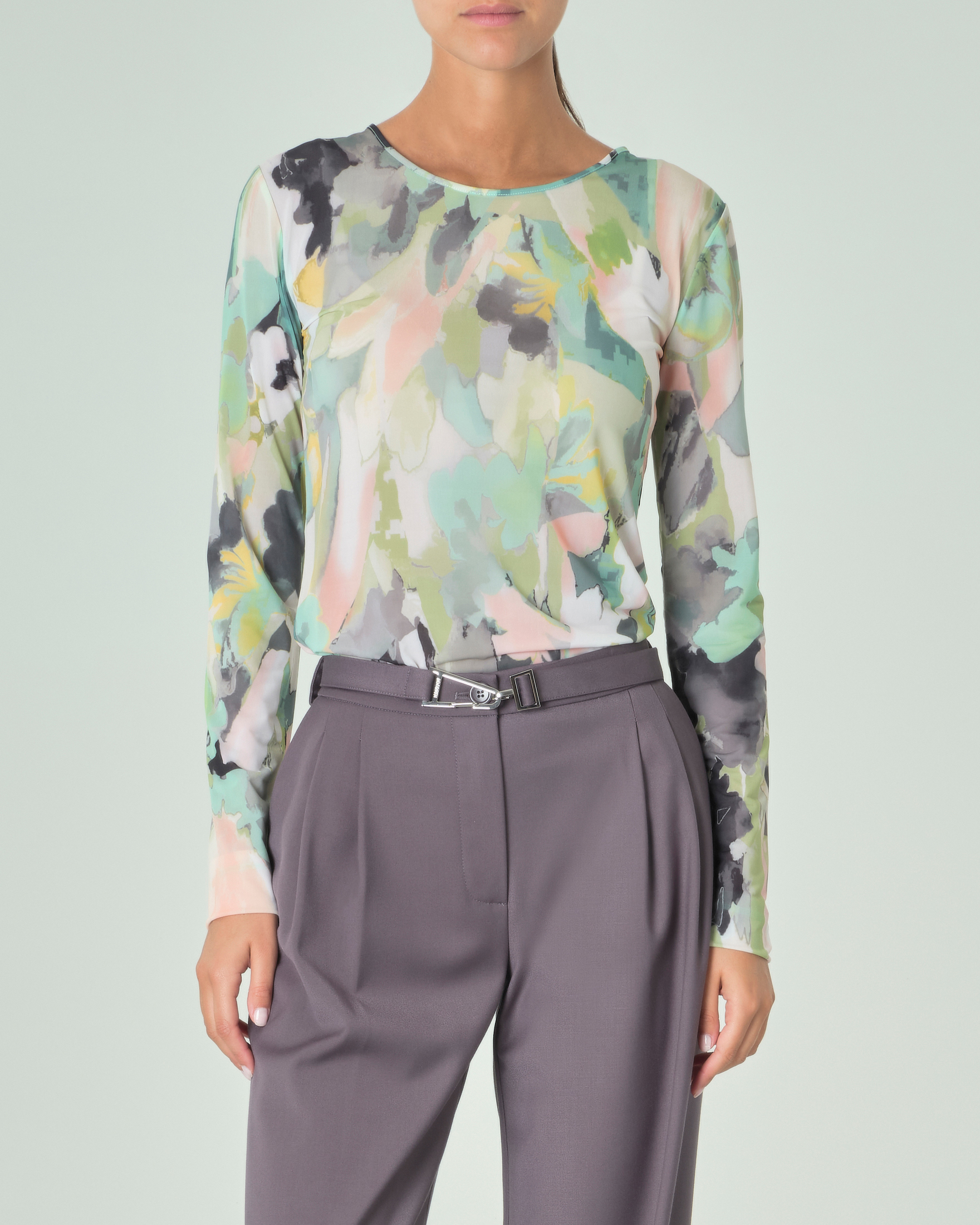 T shirt verde a fantasia macchie verdi e gialle in tessuto stretch