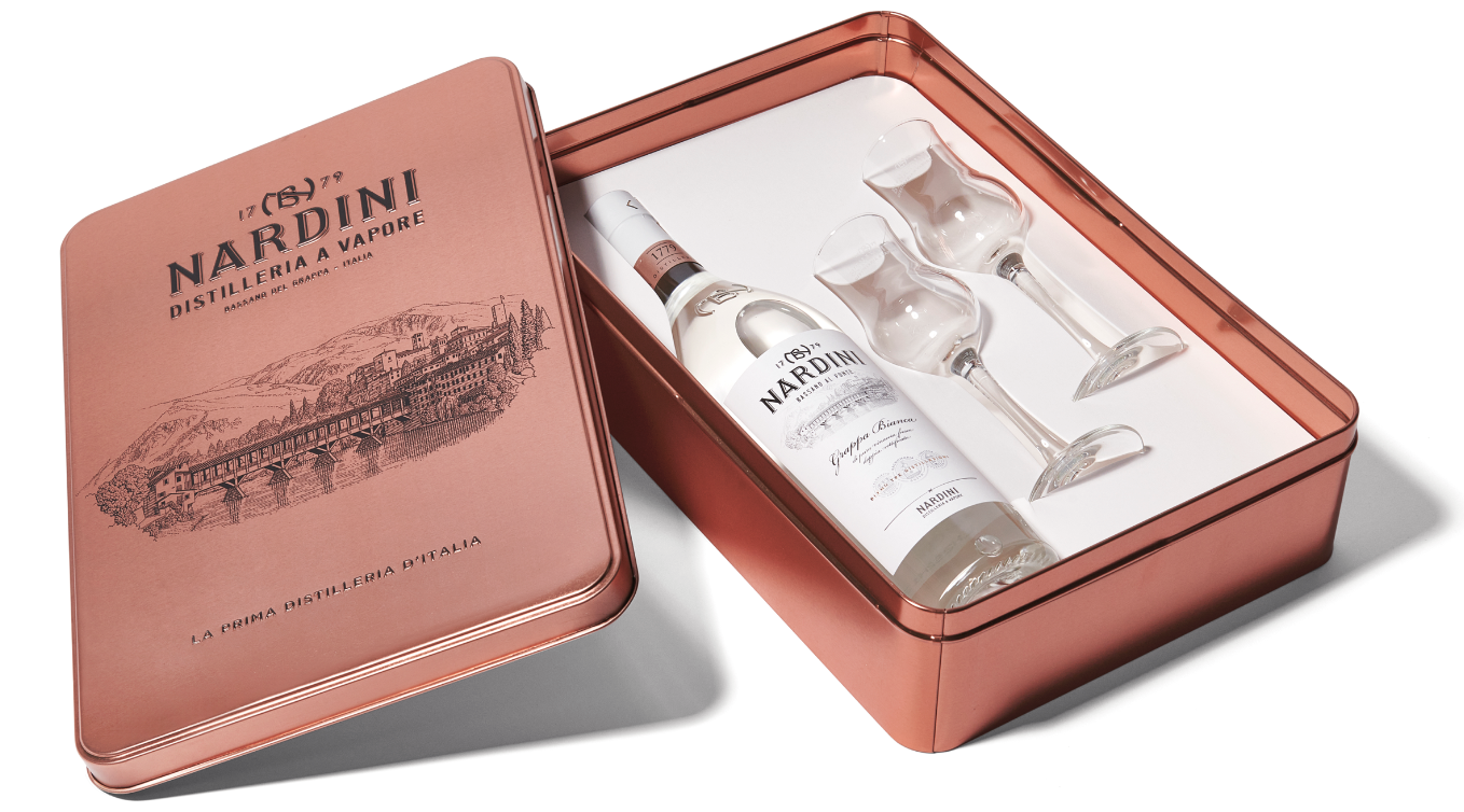 Confezione in latta Grappa Bianca con 2 Bicchieri Tulipano box