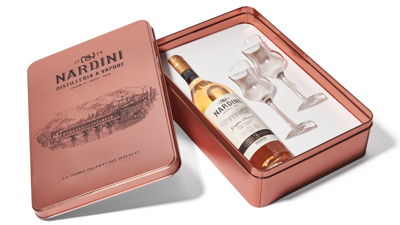 Confezione in latta Grappa Riserva con 2 Bicchieri Tulipano box