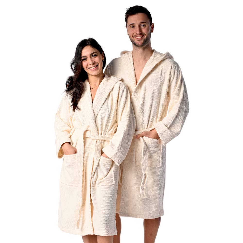 Accappatoio In Spugna Di Cotone 425 Gsm - Uomo/donna, Con Cappuccio, Tasche, Lavorazione A Chicco Di Riso - Morbido, Assorbente, Certificato AZO-FREE
