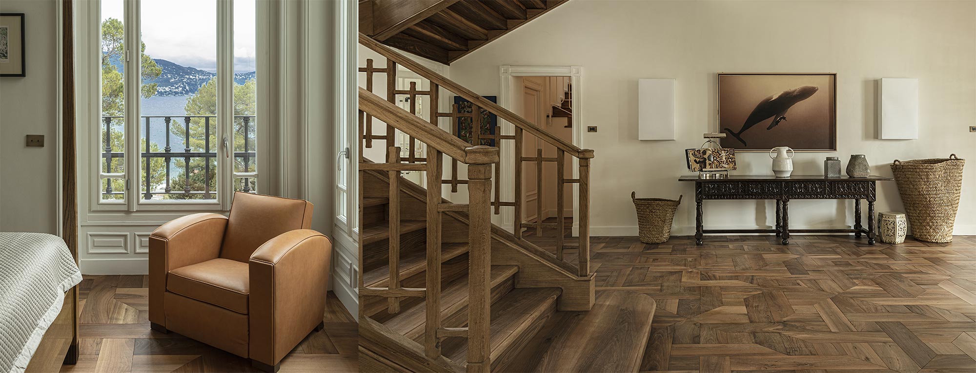 Pavimenti a disegno in noce nazionale recuperato