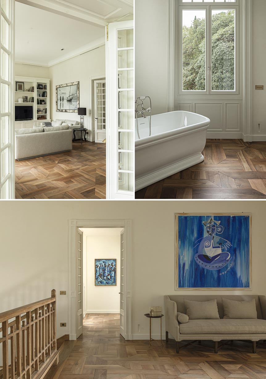 Pavimenti a disegno in noce nazionale recuperato