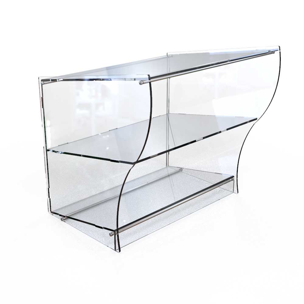 Curved display case with 2 shelves