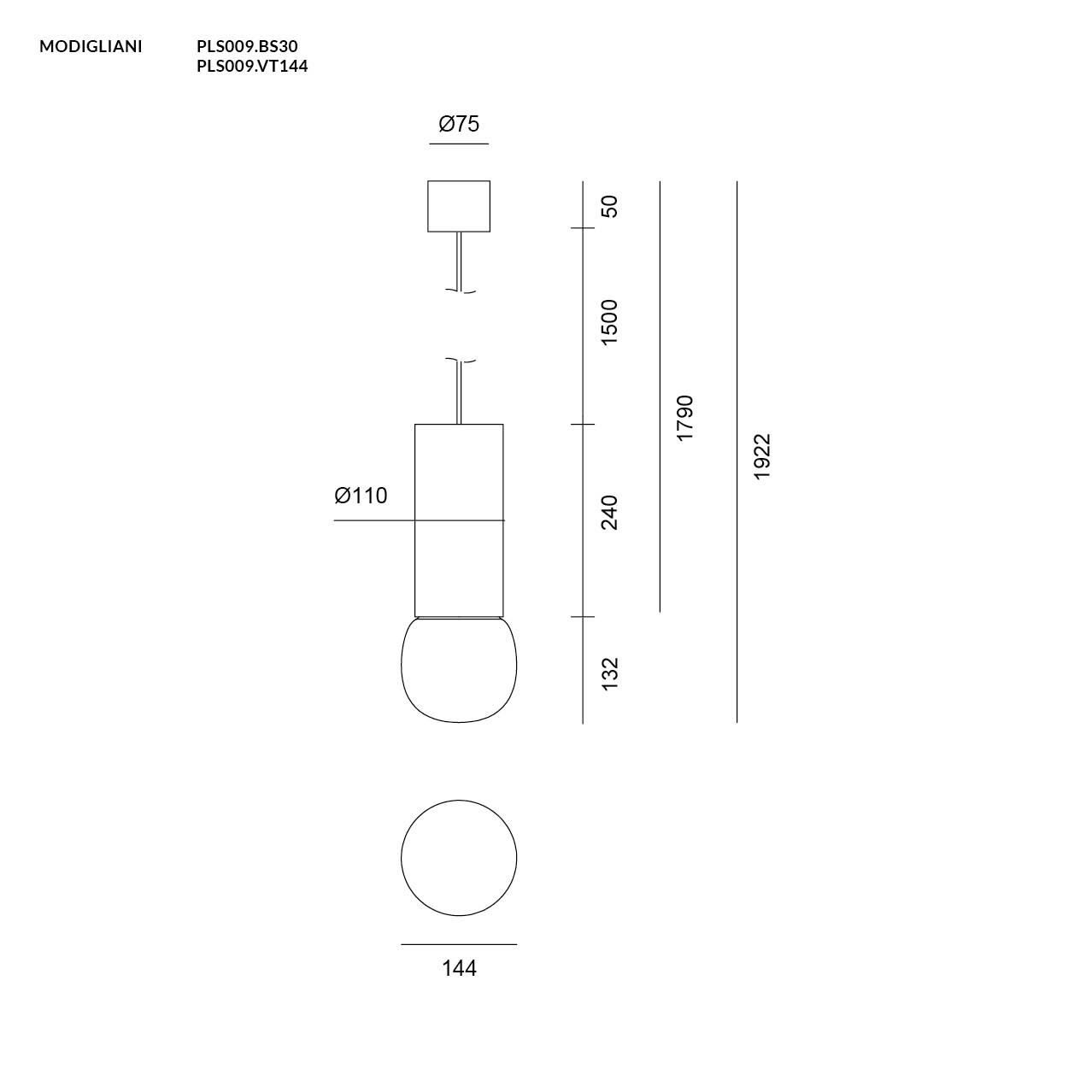 MODIGLIANI SOSPENSIONE BASE A LED INTEGRATO SMALL NERO 8W 3000K DIMMERABILE + DIFFUSORE IN VETRO SMALL ORO ROSA
