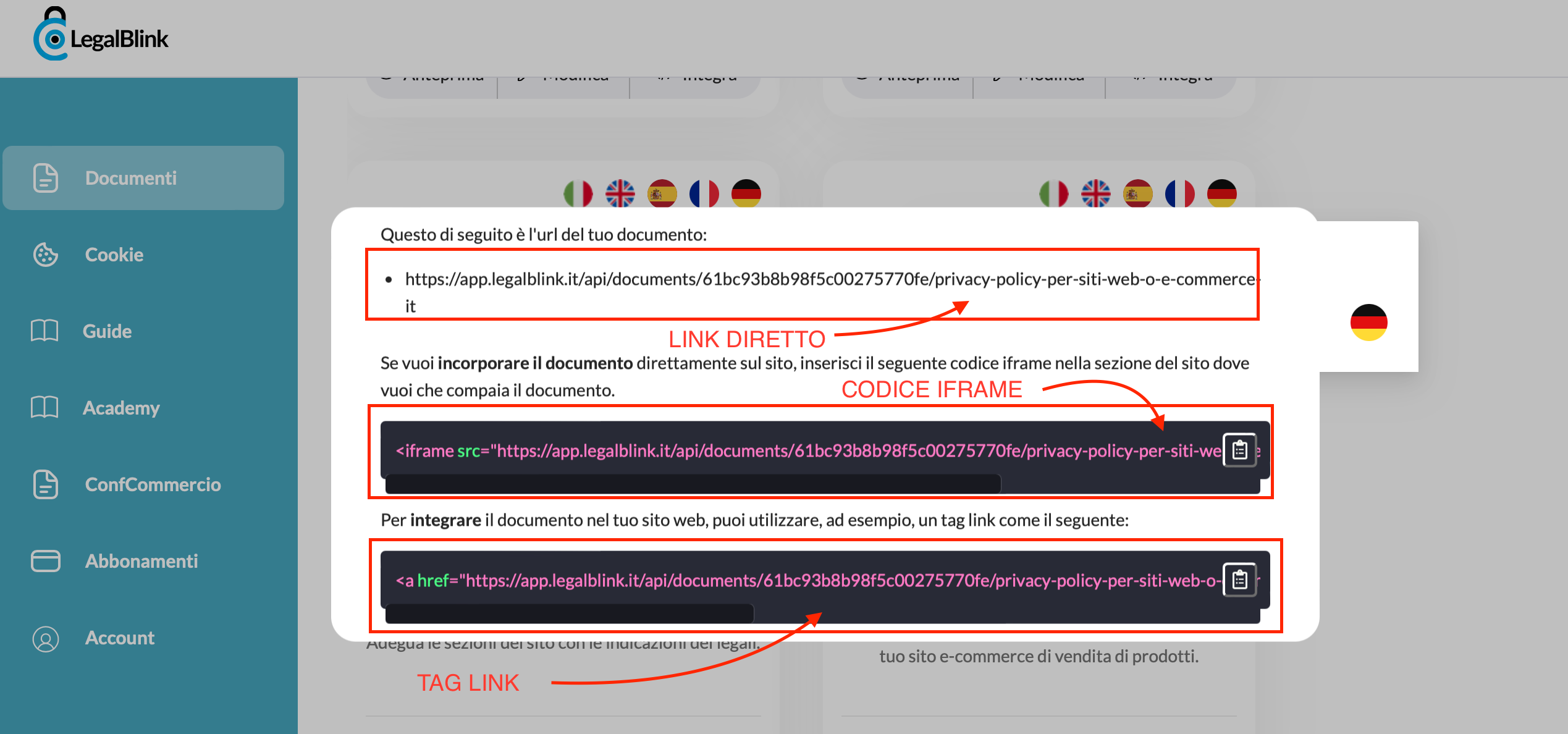 integrare i documenti legali nel sito web