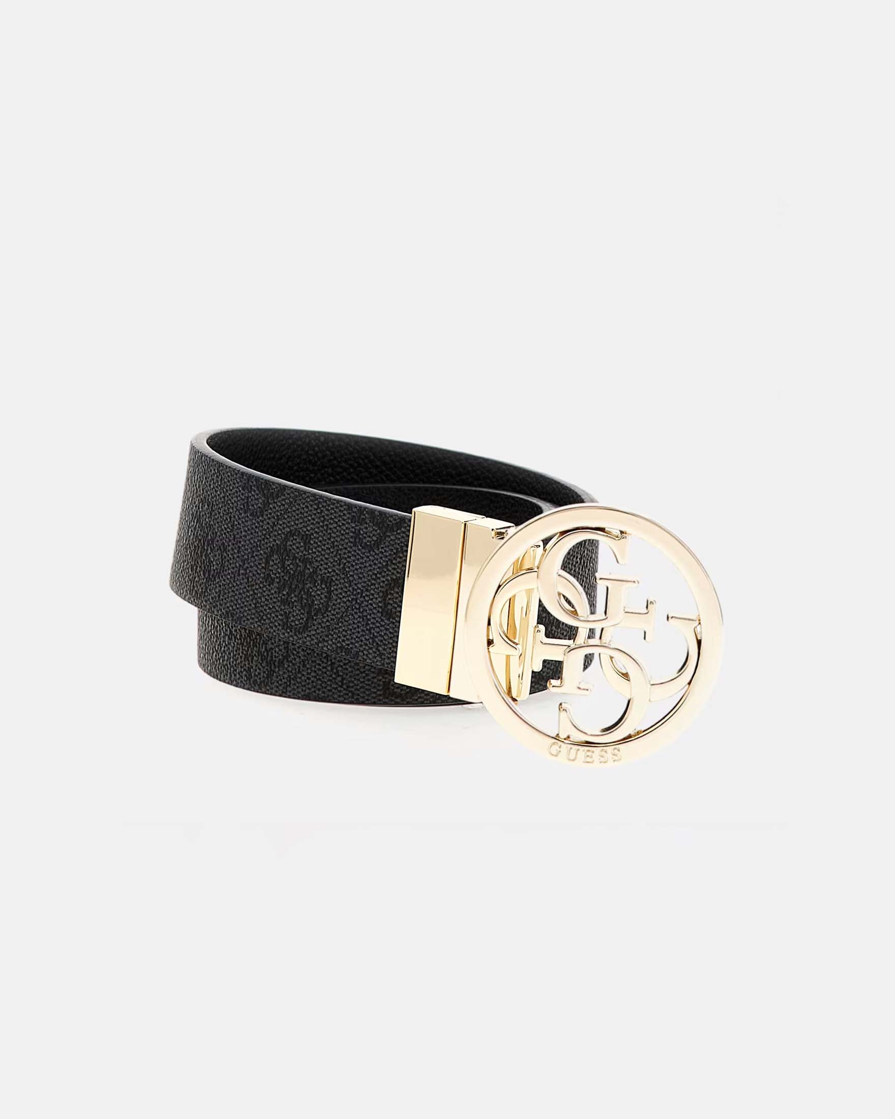 Cintura nera reversibile con scritta logo grigia all over con fibbia tonda dorata