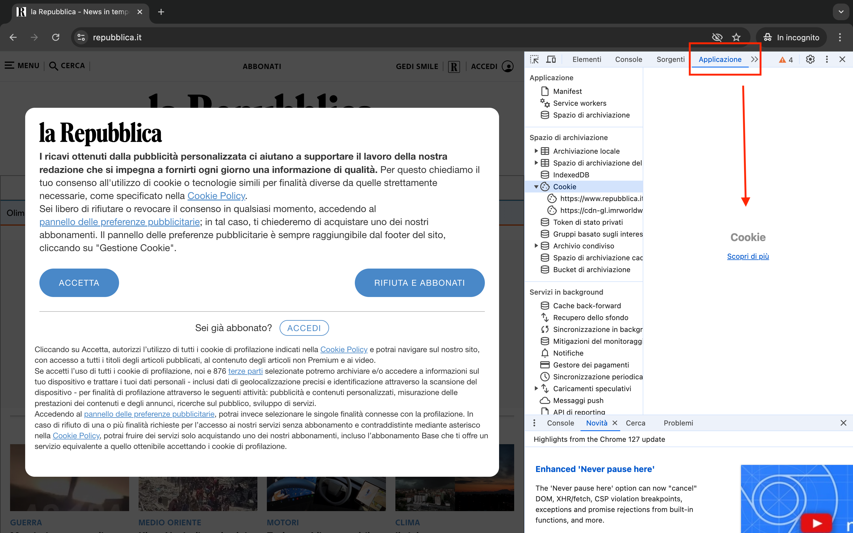 verifica blocco cookie