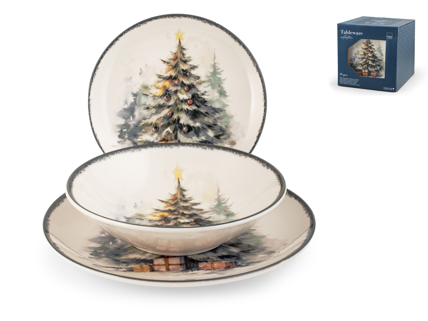 Set Piatti Natale 18 Pezzi H&h - Servizio Tavola Festivo Con Stampa Montana - Foto 4