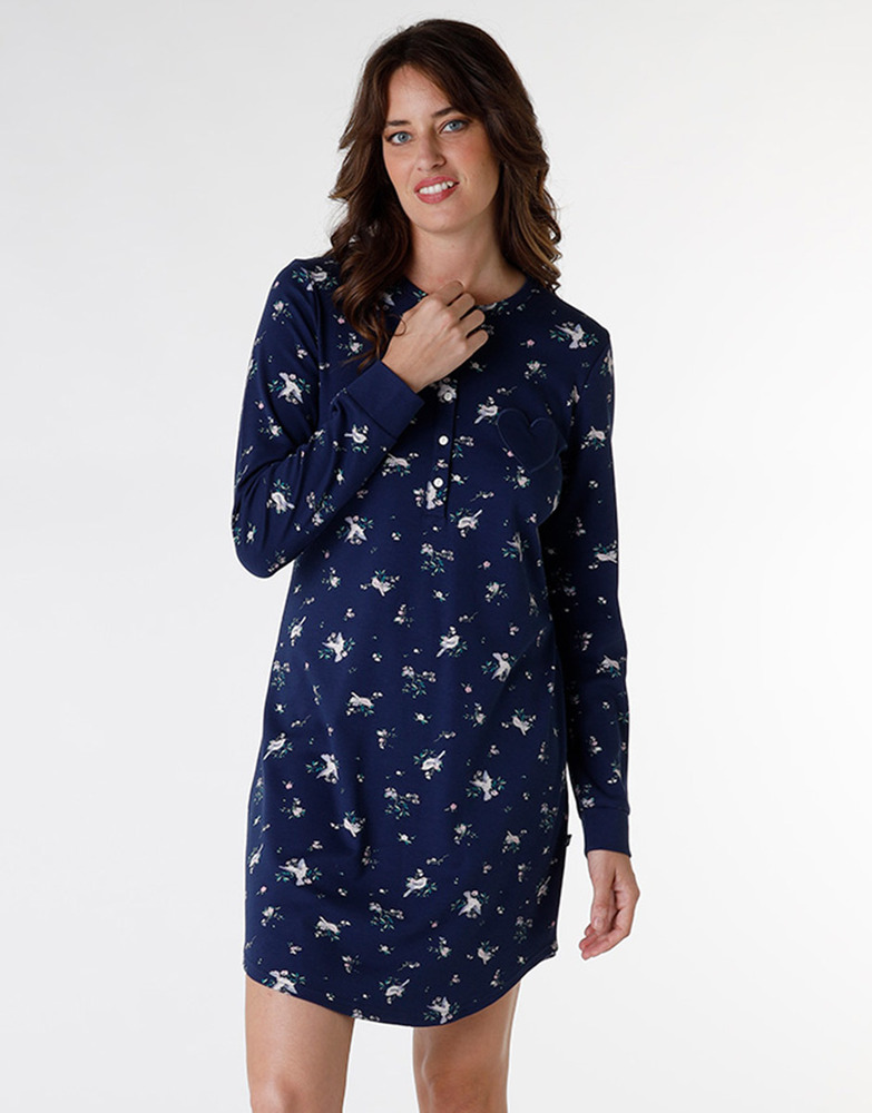 Lucky Camicia Da Notte Donna Manica Lunga Con Fiori – Girocollo, Chiusura A Bottoni – 83% Cotone