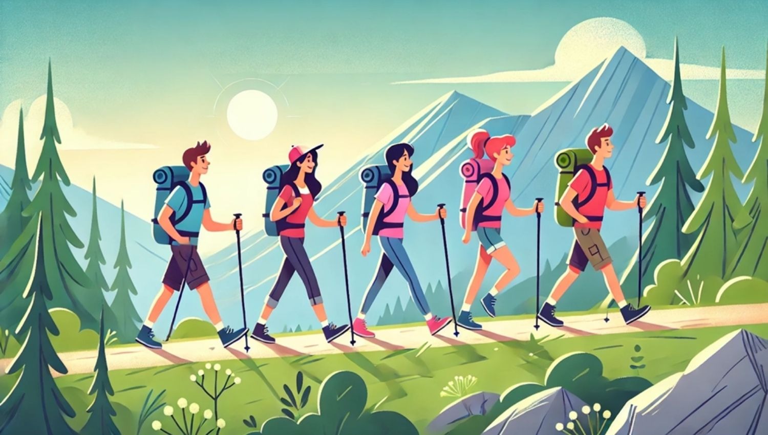 Illustrazione di escursionisti che svolgono un trekking di più giorni