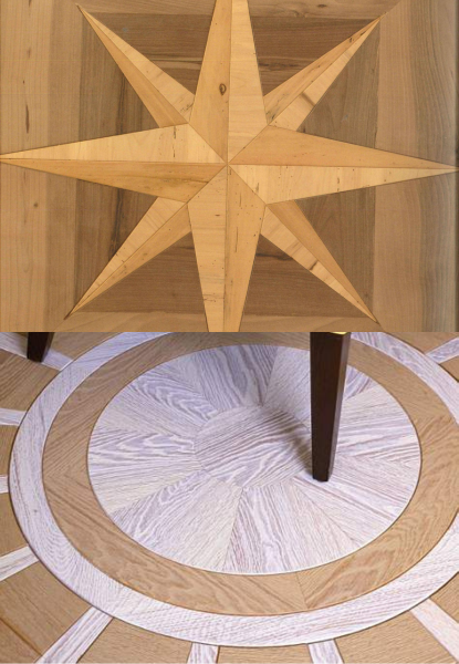 pavimenti in legno con rosoni ed elementi decorativi su misura