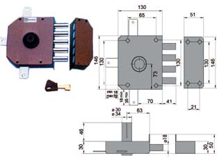 SERRATURA QUINTUPLICE DA APPLICARE SENZA SCROCCO A POMPA 30640  mm.60 DX cilindro ø mm.34 (30640VD60J)    MOTTURA - 2