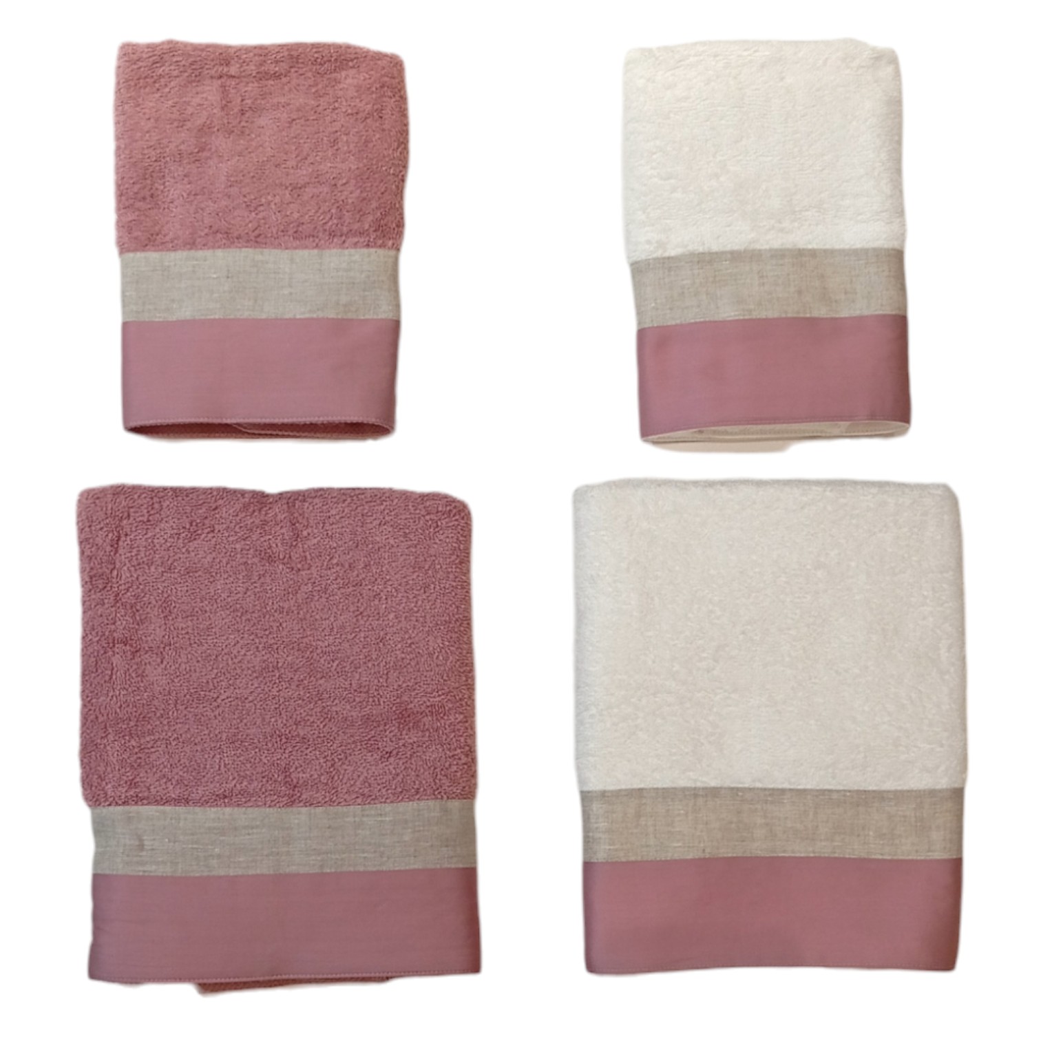 Doppia Coppia asciugamani bordo raso + lino - rosa malva