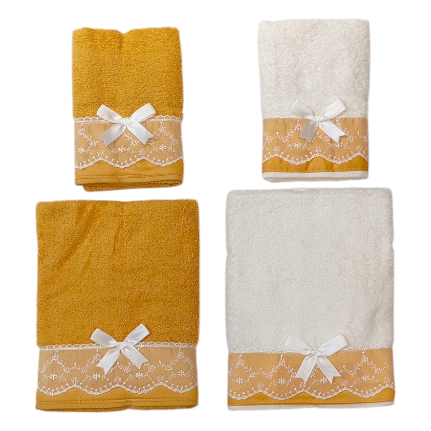 Doppia Coppia asciugamani bordo raso + macramè - ocra