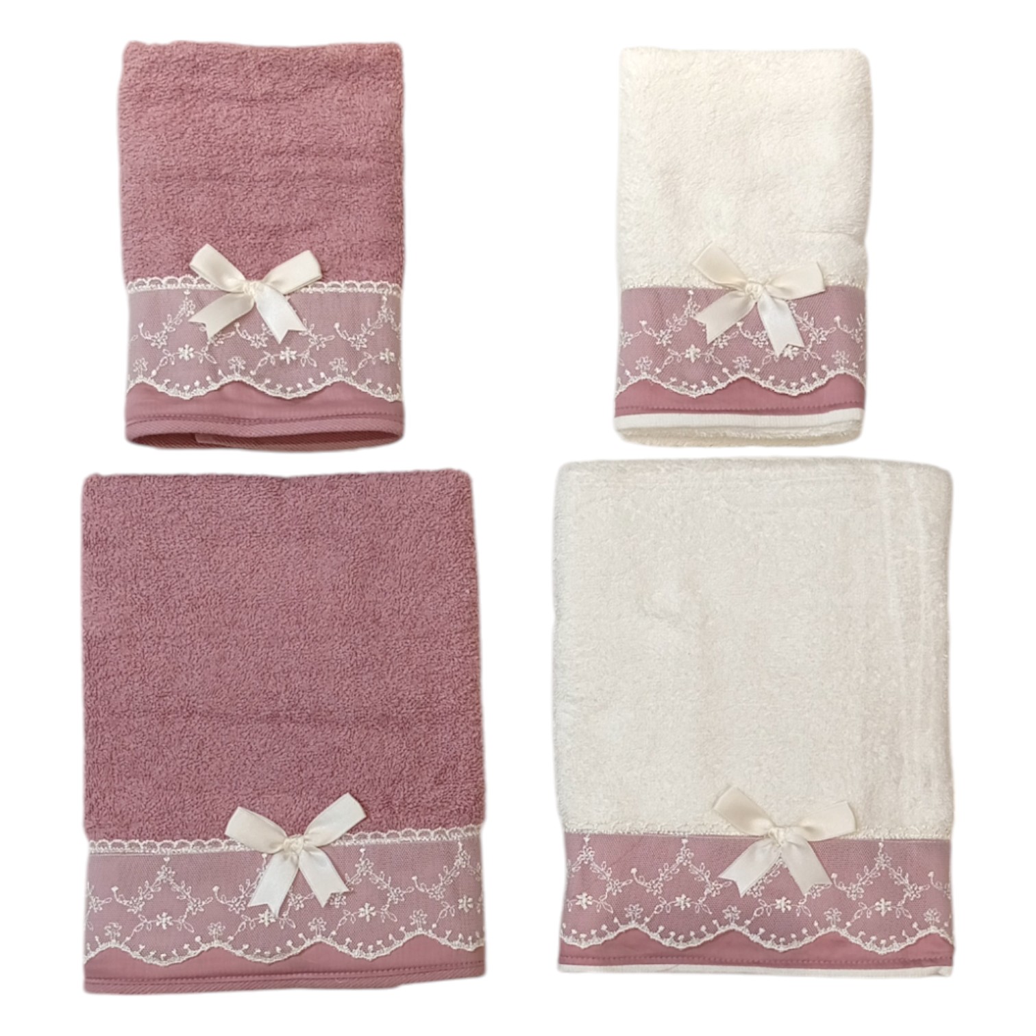 Doppia Coppia asciugamani bordo raso + macramè - rosa