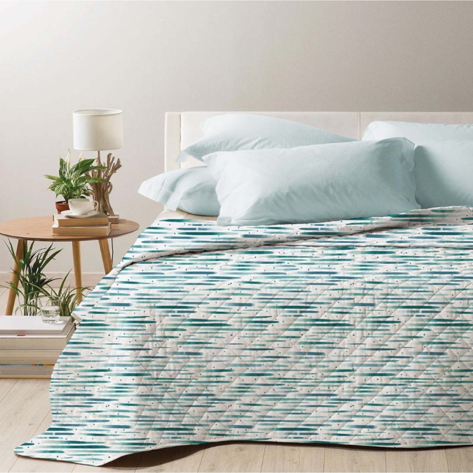 Trapuntino matrimoniale stampato Lyra - azzurro